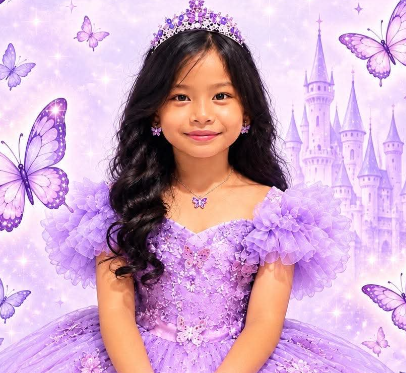 Kei in a lavender princess dress with butterflies and a fairytale castle